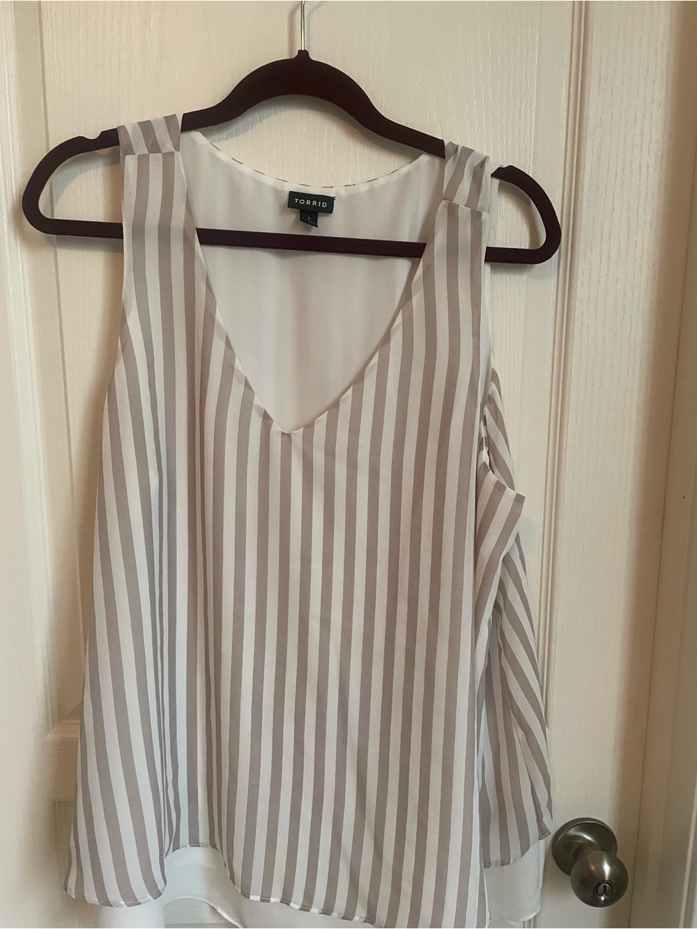 torrid Taupe & White Vertical Stripe V-Neck Sleeveless Blouse